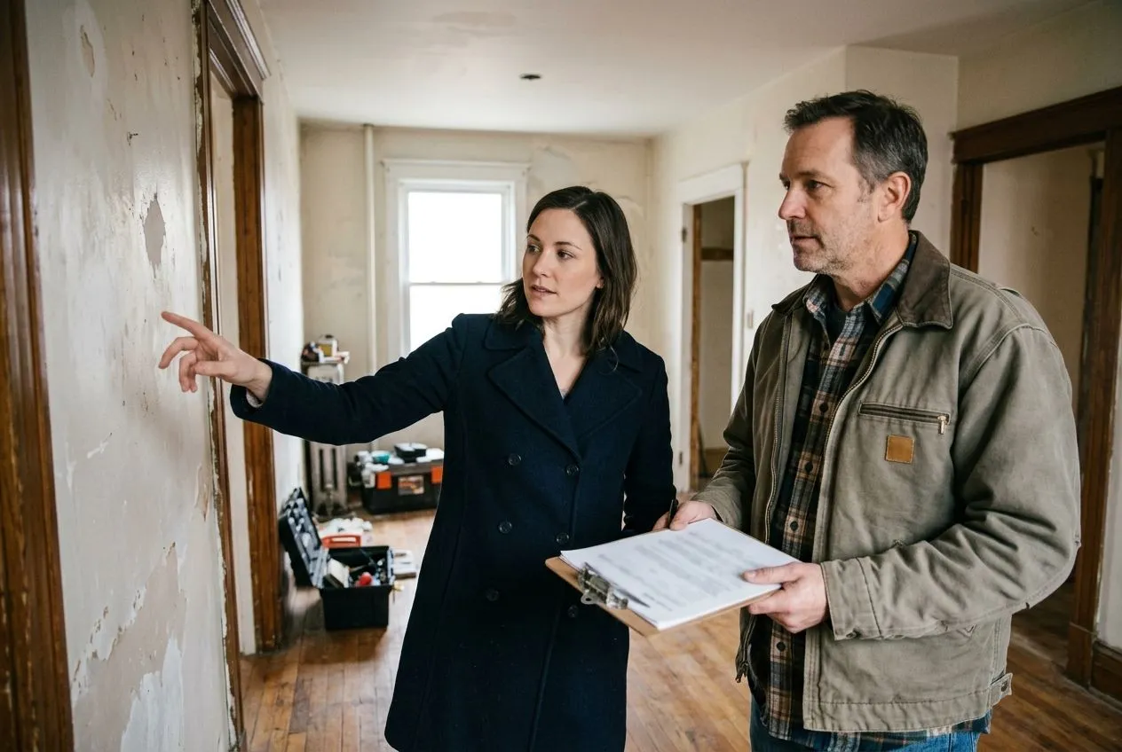 Un acheteur et un artisan évaluent ensemble les travaux à prévoir dans un logement avant de négocier.