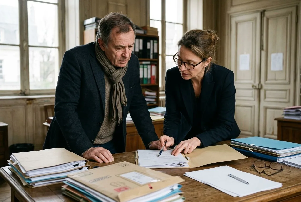 Un bailleur et un professionnel du droit vérifient un dossier d’assignation avant l’audience sur un impayé de loyer.