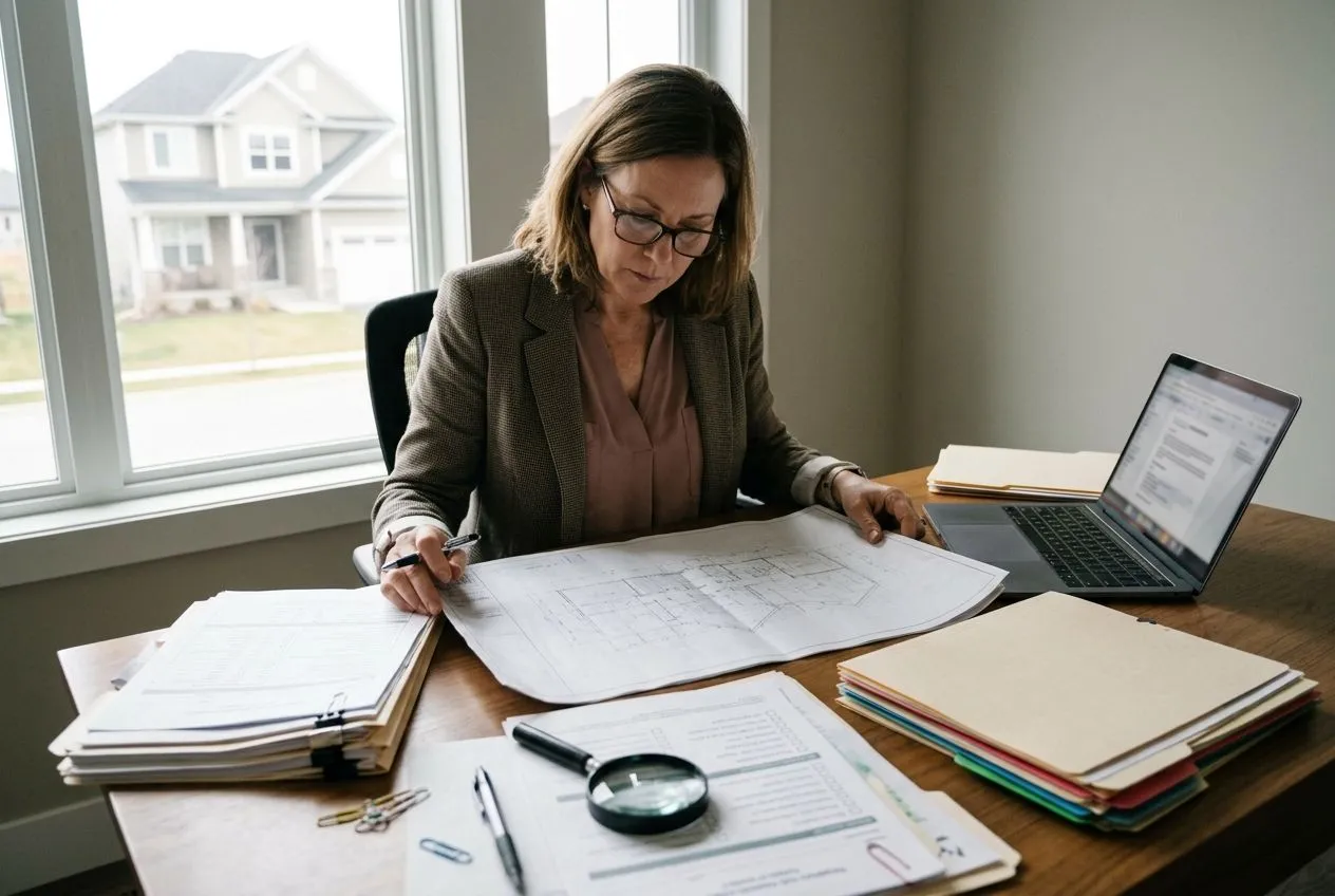 Un notaire examine les documents et les plans d’un logement avant une vente immobilière.