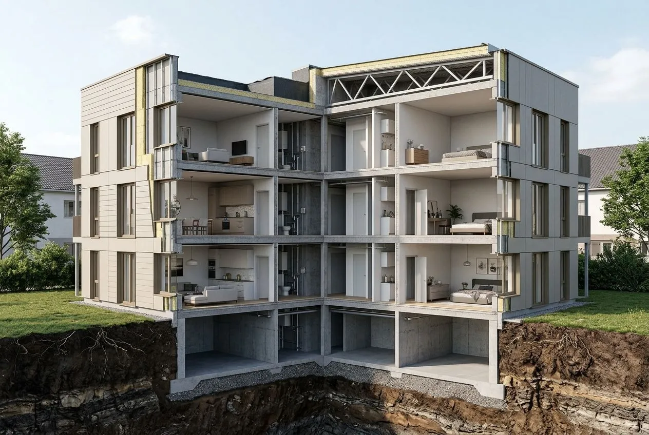 Vue architecturale d’un immeuble en coupe distinguant le terrain, la structure, la toiture et les équipements à amortir.