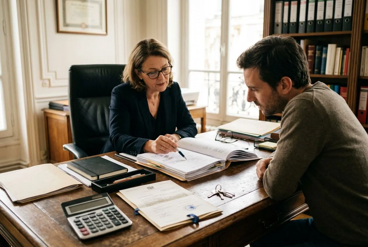 Un notaire examine les documents de vente d’un logement pour établir la plus-value immobilière imposable.
