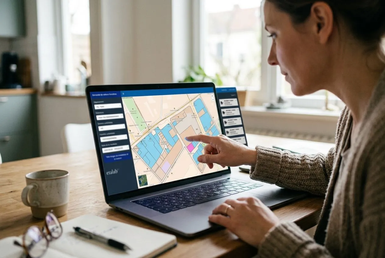 Un particulier consulte la carte officielle DVF sur ordinateur pour repérer les ventes immobilières actées près de chez lui.