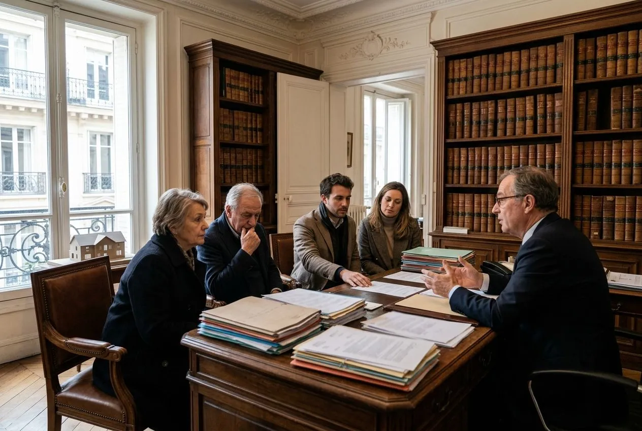Des membres d’une famille discutent chez un notaire de l’agrément des héritiers et du rachat de parts d’une SCI.