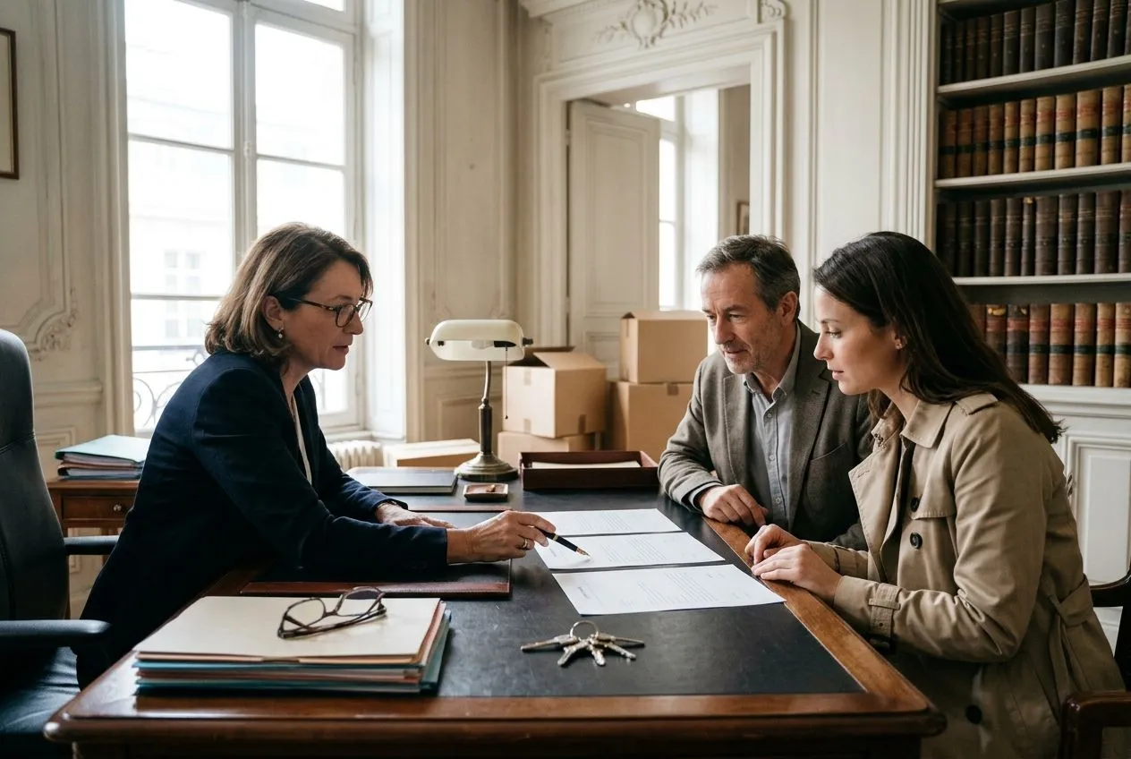 Un notaire accompagne un propriétaire et un acheteur dans la préparation des clauses de vente immobilière.