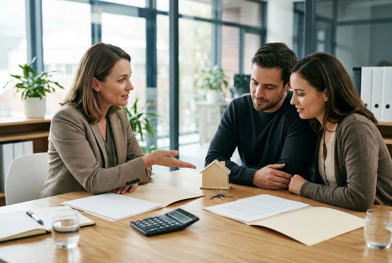 Un conseiller immobilier présente à un couple les différences entre prêt relais et prêt achat-revente.