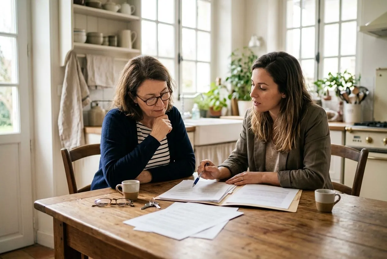 Un propriétaire examine avec un agent immobilier le contrat de mandat avant de confier la vente de son logement.