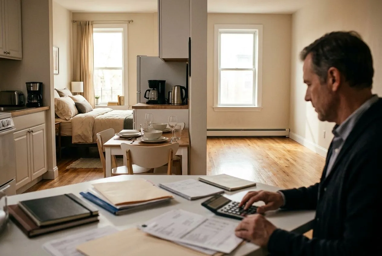 Un propriétaire compare un logement vide à un appartement meublé équipé, avec calculatrice et documents de gestion locative.