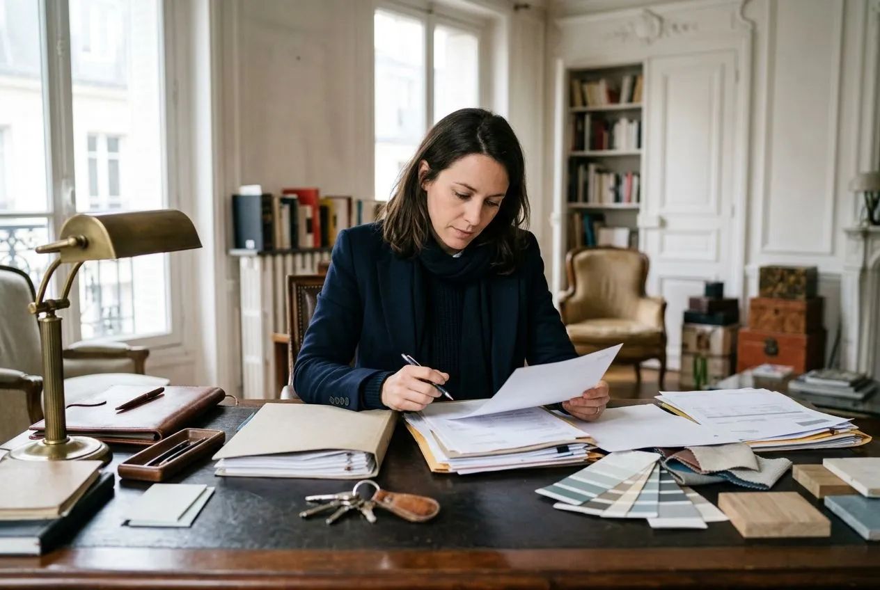 Acheteur préparant le budget complet d’un appartement locatif avec clés, documents et éléments de rénovation.
