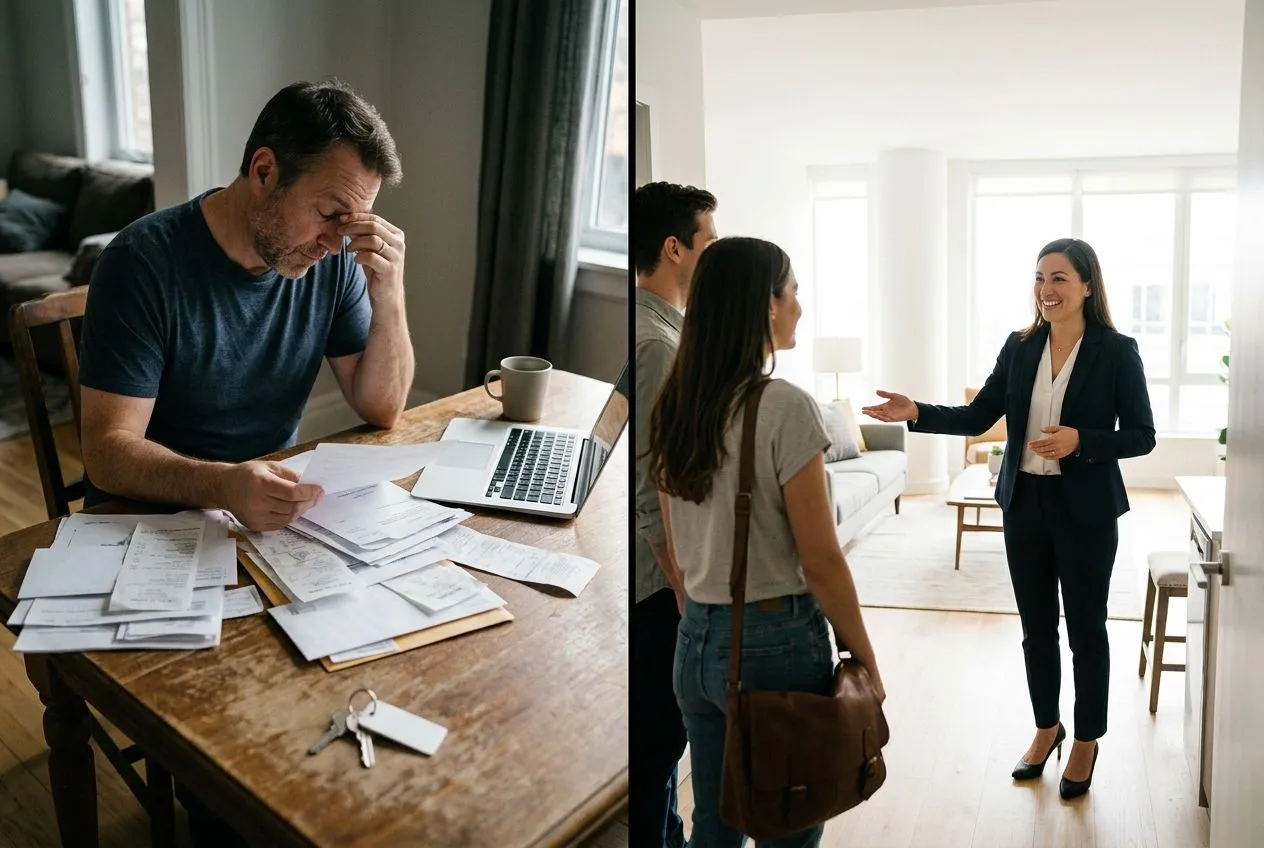 Un propriétaire seul face à un logement vide comparé à une agence qui organise une visite pour réduire la vacance locative.