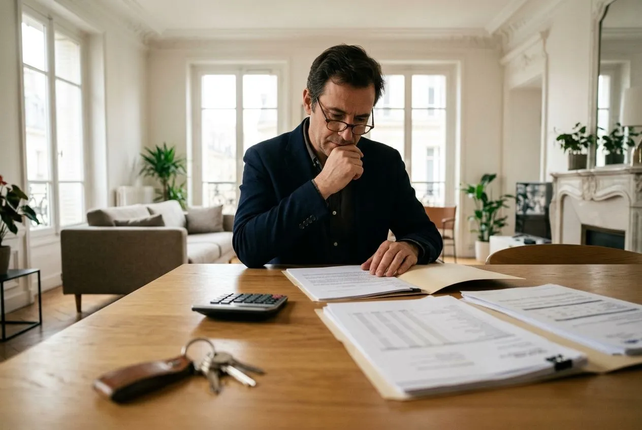 Un investisseur LMNP examine son crédit immobilier et ses documents financiers dans un logement meublé.