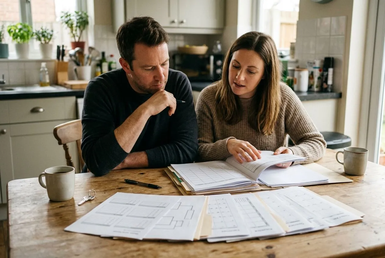 Des acheteurs examinent leur dossier de vente immobilière pour comprendre le délai avant la signature chez le notaire.