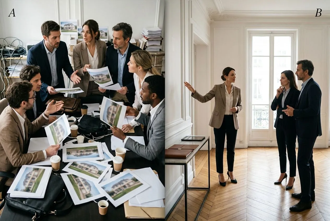 Une vente immobilière désorganisée avec plusieurs agences contraste avec une visite coordonnée par un agent unique.