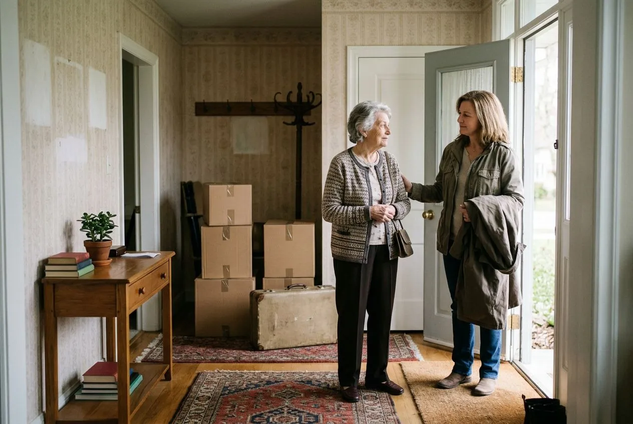 Une personne âgée quitte son ancienne résidence principale avec l’aide d’un proche avant son entrée en établissement.