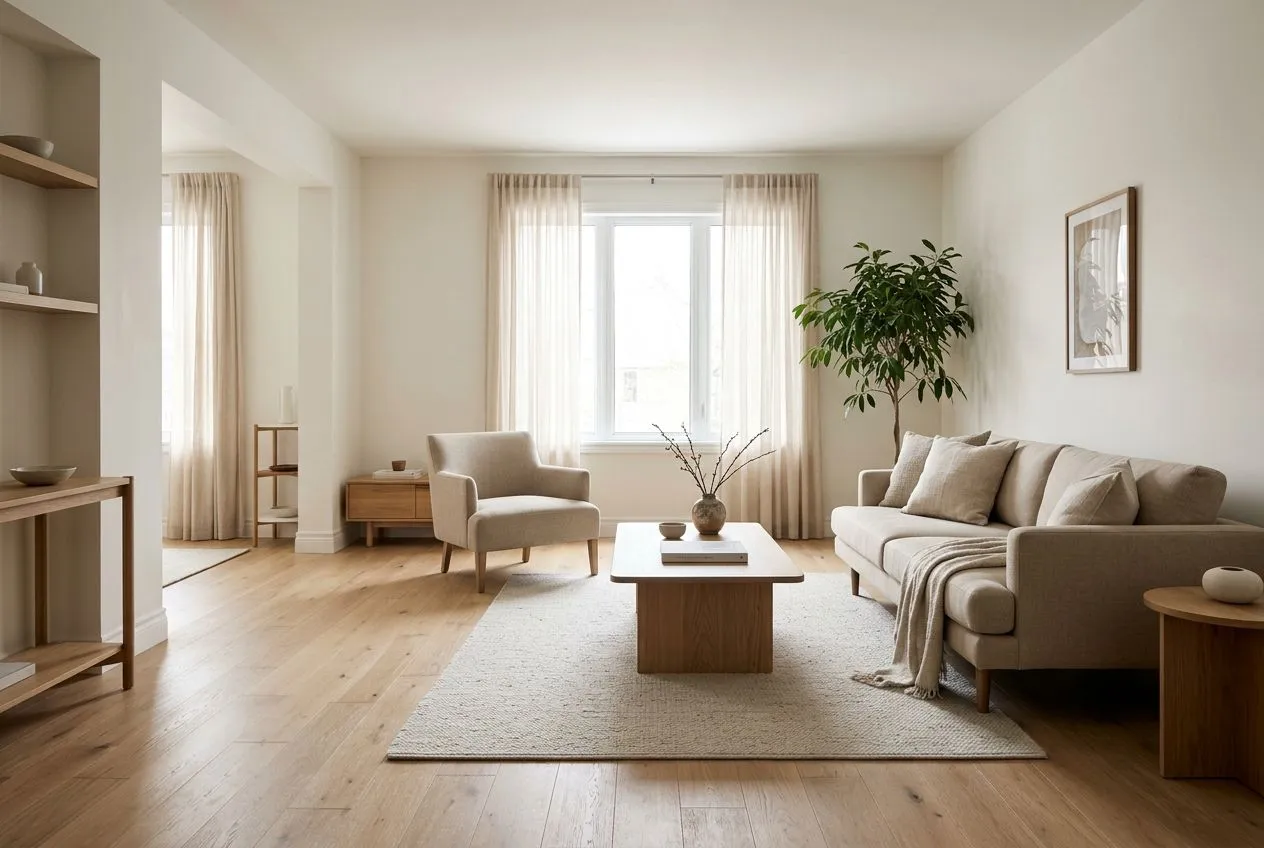 Intérieur désencombré et soigneusement préparé avant la prise de photos immobilières.