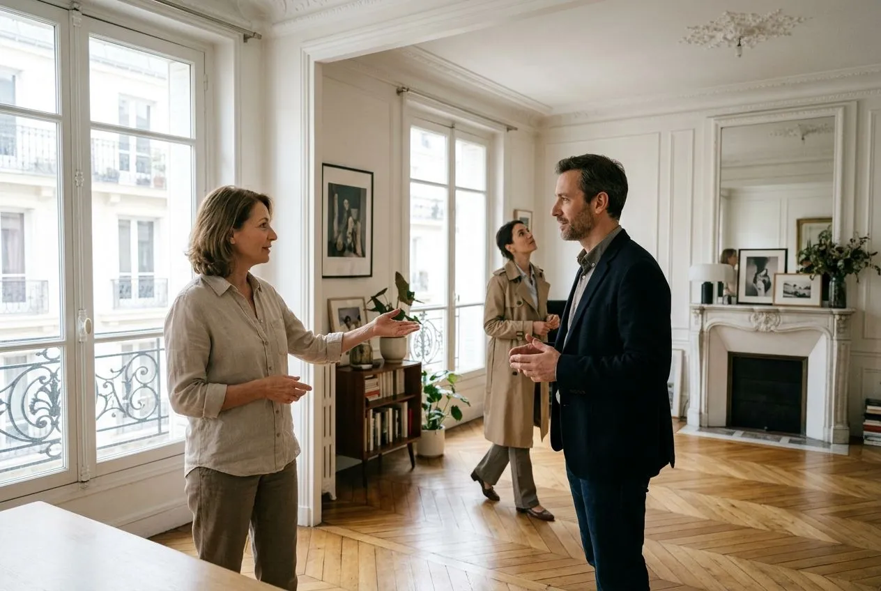 Deux agents immobiliers évaluent les pièces d’un logement avec son propriétaire.