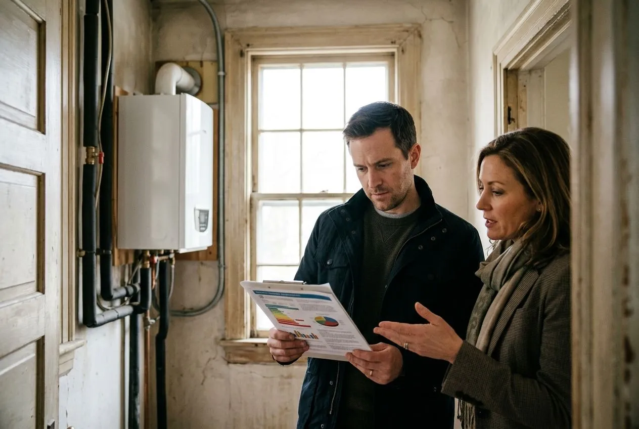Un acheteur examine un diagnostic énergétique avec un agent immobilier lors de la visite d’un logement.