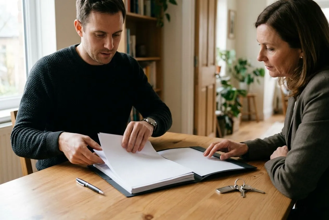Un acheteur organise son dossier d’offre immobilière avec un agent avant de transmettre une proposition au vendeur.
