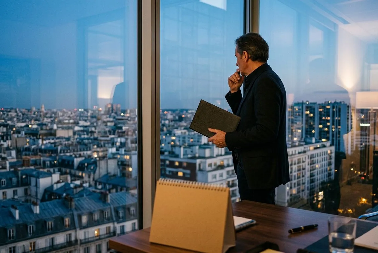 Un investisseur contemple des immeubles en ville pour symboliser la durée de détention recommandée d’un placement en SCPI.