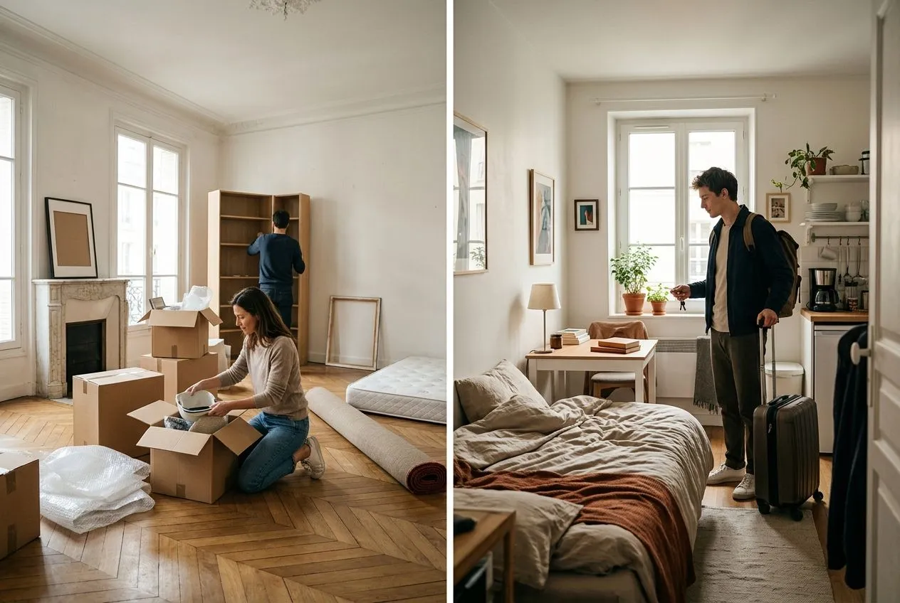 Un locataire s’installe durablement dans un logement vide tandis qu’un autre arrive avec une valise dans un studio meublé.