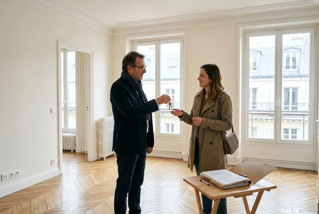 Un propriétaire remet les clés d’un appartement rénové à un locataire, en maintenant le logement en location nue.