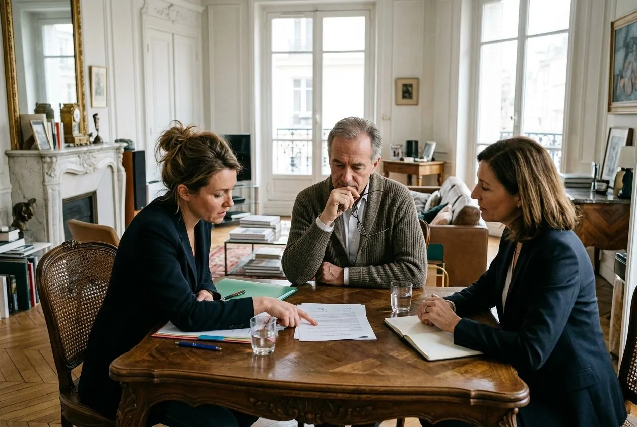 Un vendeur et un acheteur examinent ensemble une offre immobilière acceptée, avec un agent immobilier à leurs côtés.