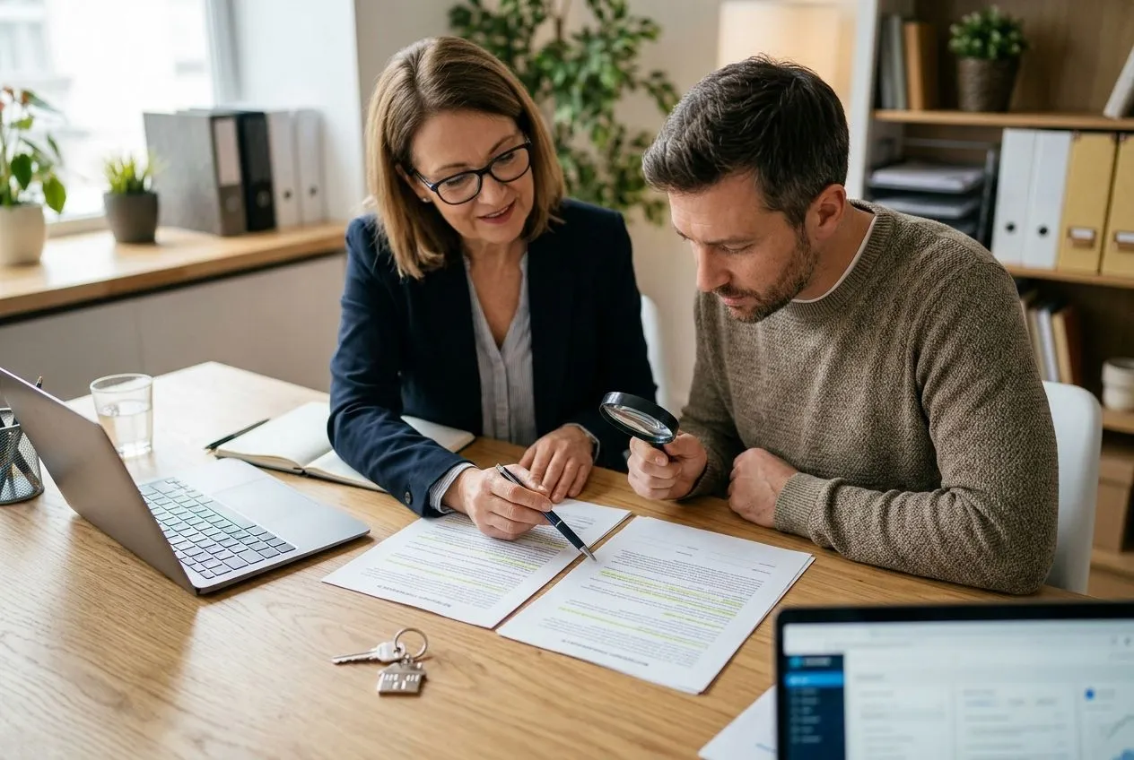 Un emprunteur et un conseiller examinent les garanties de deux contrats d’assurance de prêt immobilier.