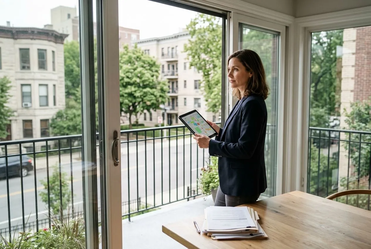 Un professionnel examine un appartement et son environnement pour comparer le bien aux ventes immobilières voisines.