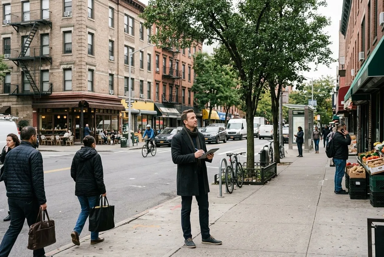 Investisseur immobilier observant commerces, logements et transports pour évaluer la demande d’un quartier.