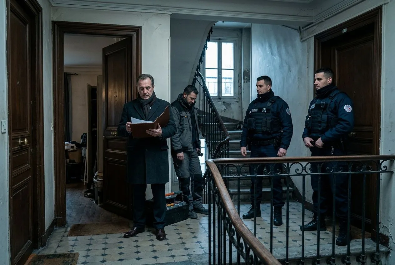 Un commissaire de justice accompagné des forces de l’ordre intervient à l’entrée d’un logement dans le cadre d’une expulsion légale.