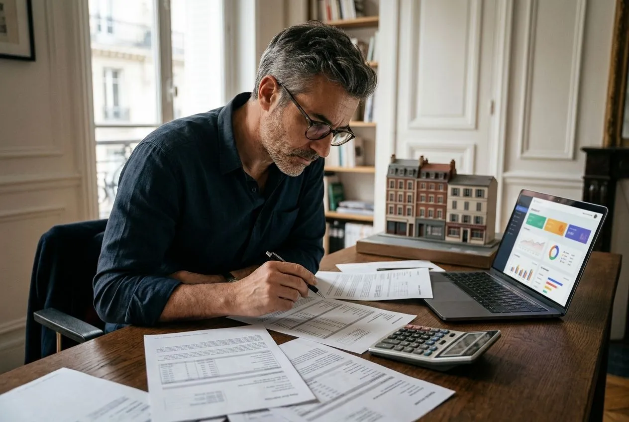 Un investisseur examine ses revenus immobiliers et la fiscalité de parts de SCPI européennes à son bureau.