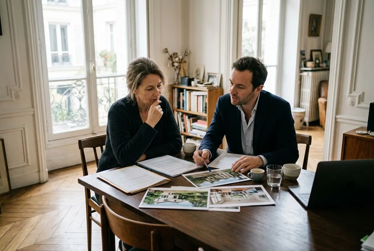 Un propriétaire et un conseiller immobilier examinent des biens comparables pour fixer un prix de vente cohérent.