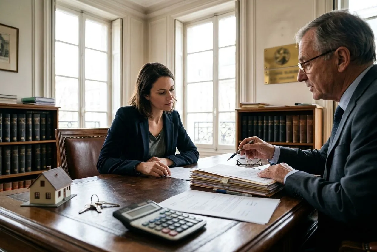 Un acheteur examine avec un notaire les frais liés à l’achat d’un logement et à son financement.