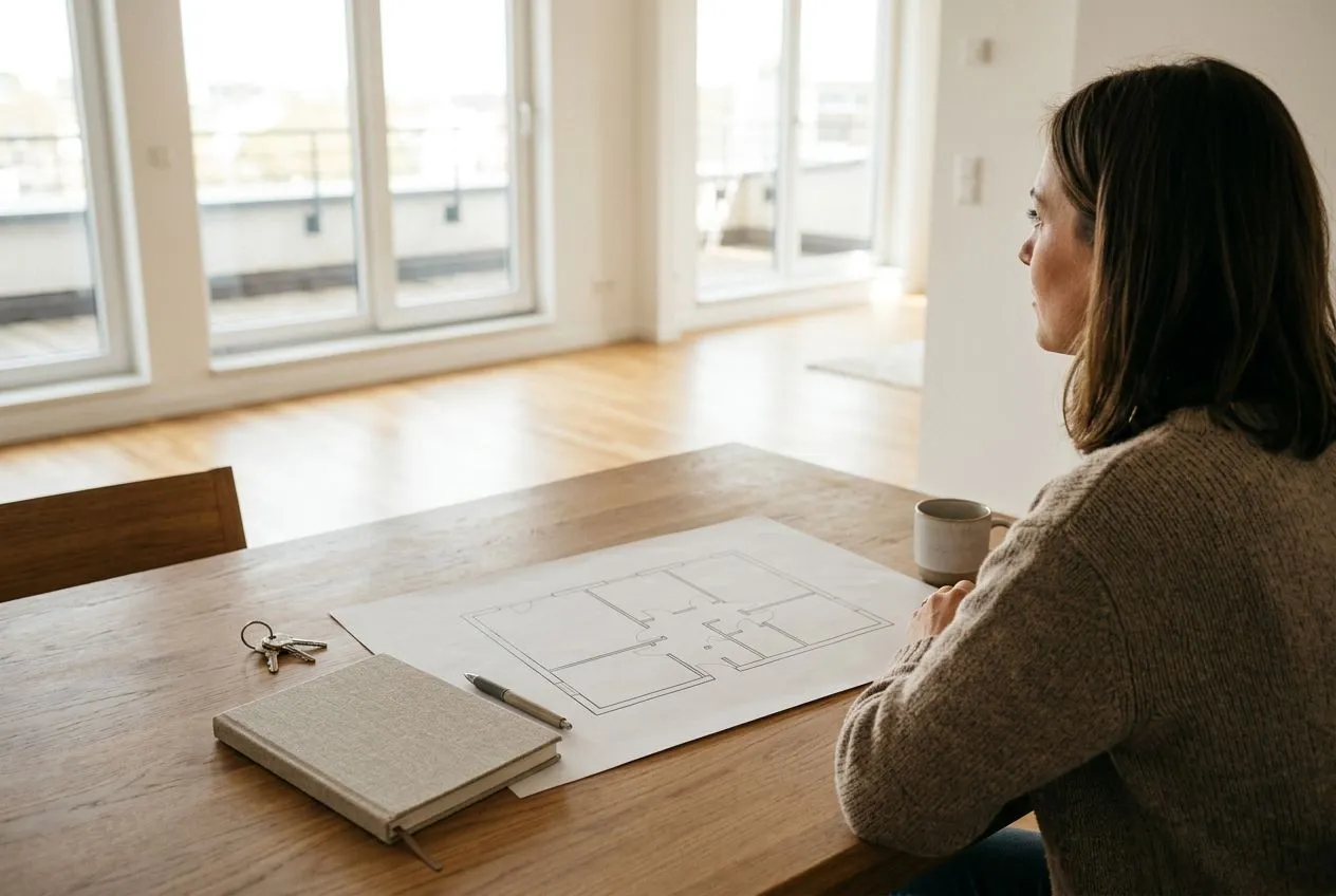Un acheteur compare le plan d’un logement à ses priorités avant de programmer une visite immobilière.