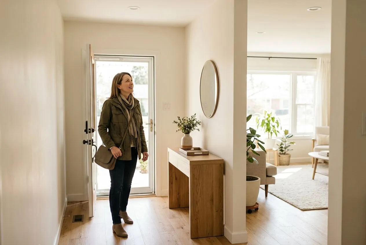 Un acheteur découvre une entrée lumineuse et dégagée lors de sa première visite immobilière.