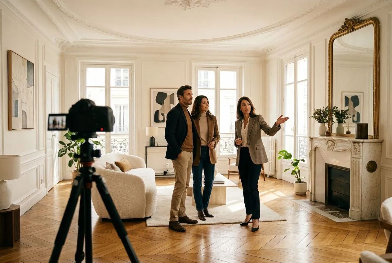 Acheteurs découvrant un appartement lumineux et mis en scène, photographié pour favoriser une vente rapide et limiter la négociation.