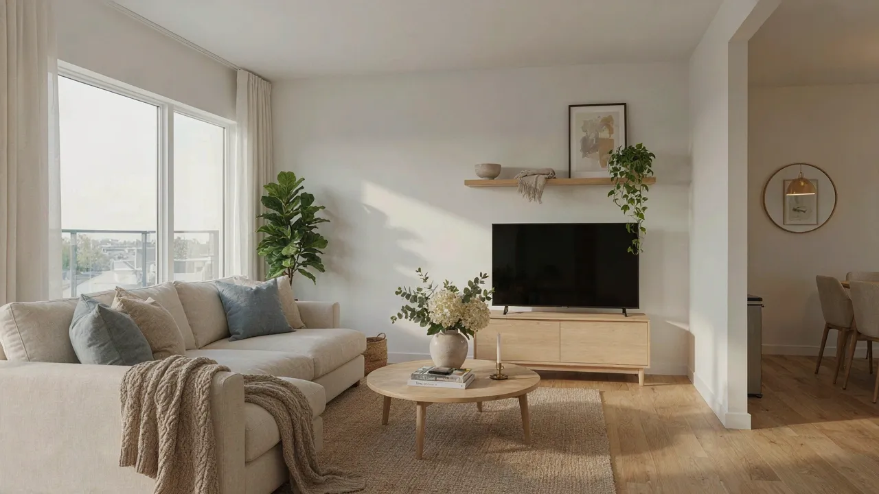 Salon mis en scène, lumineux et épuré