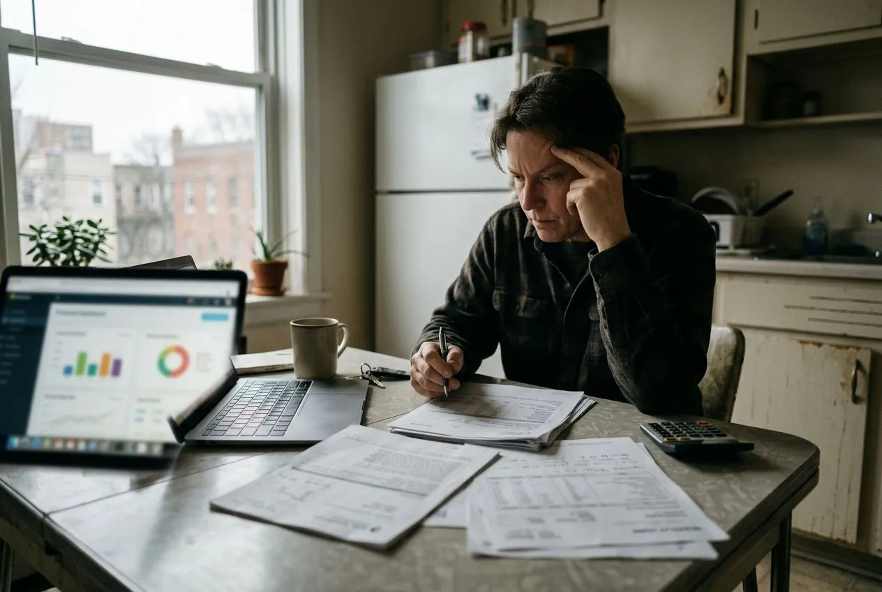 Propriétaire bailleur étudiant ses documents fiscaux et son budget mensuel pour évaluer le revenu locatif restant.