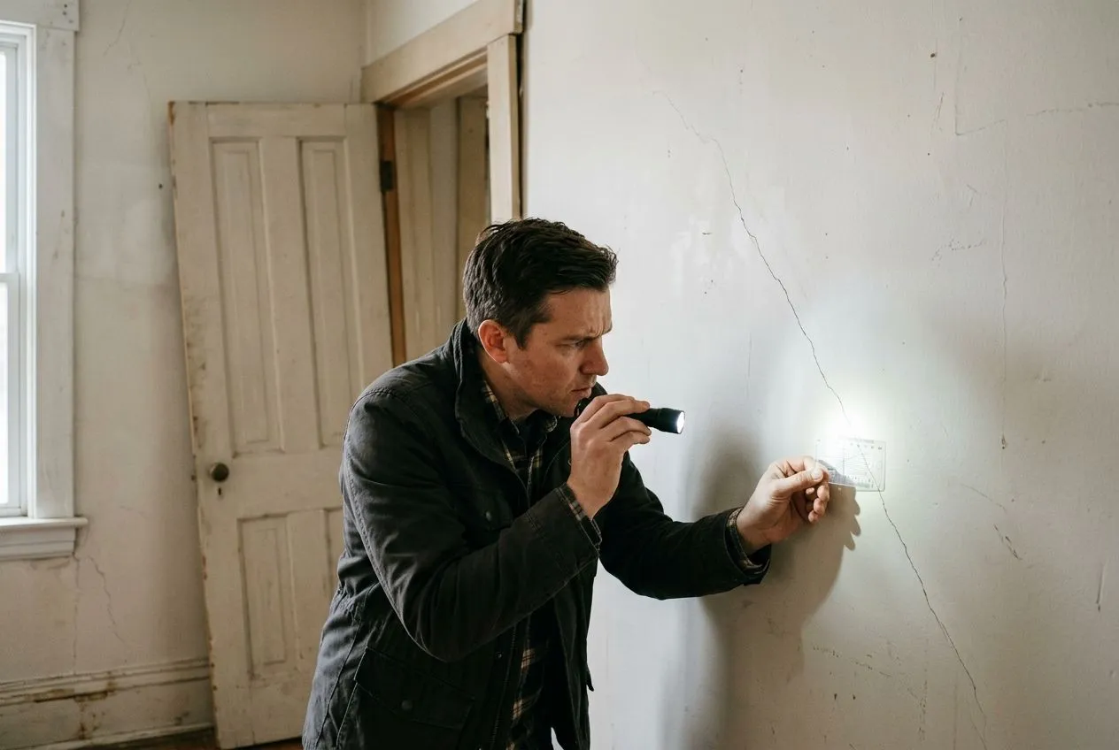 Un acheteur examine une fissure diagonale dans un mur lors de l’inspection de la structure d’un logement.