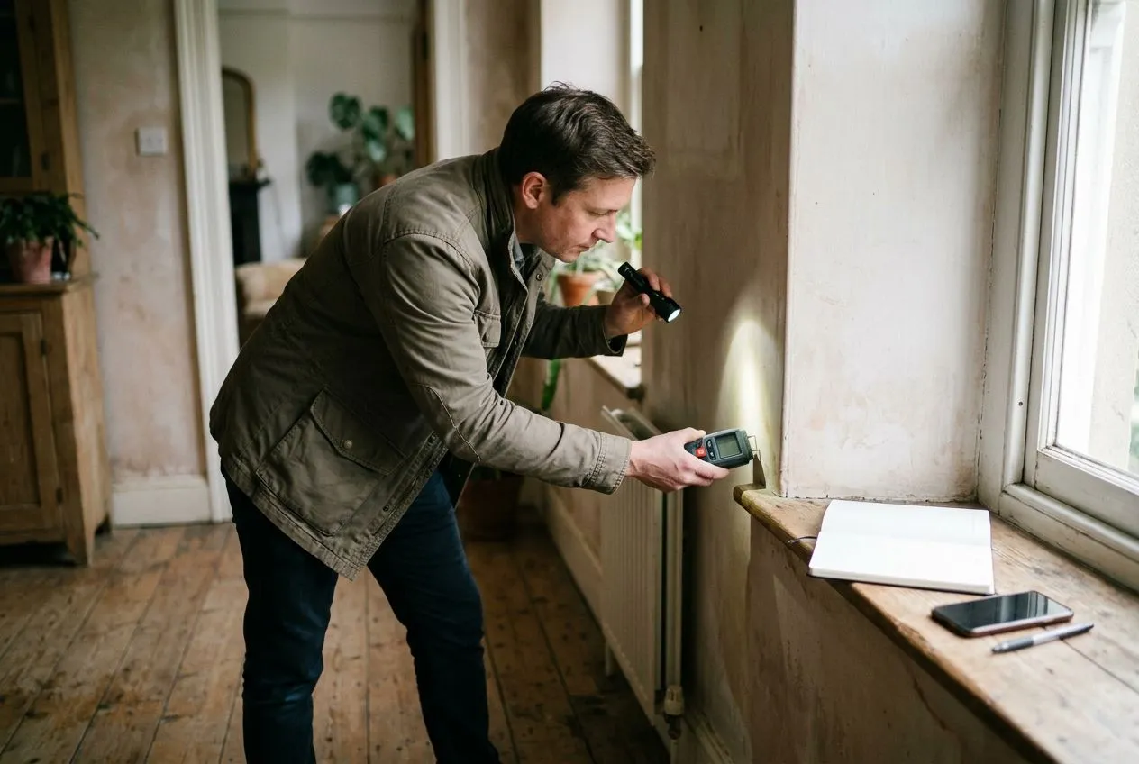 Un acheteur inspecte un mur à la recherche d’humidité pendant une visite immobilière, équipé d’un appareil de contrôle.