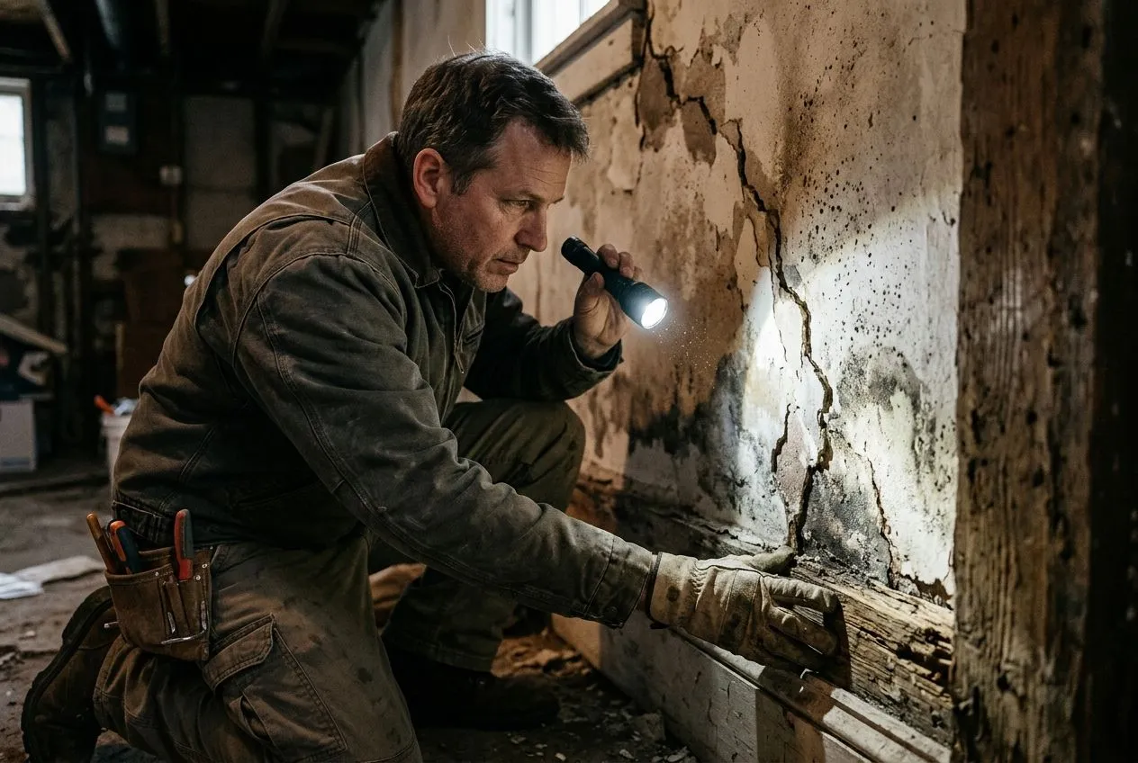 Un acheteur examine une fissure et des traces d’humidité sur un mur pendant la visite d’un logement.