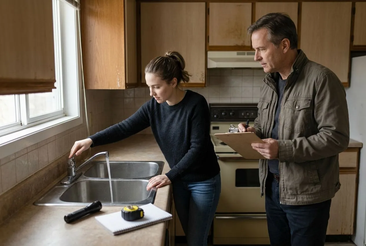 Une locataire teste le robinet d’un logement pendant l’état des lieux d’entrée, sous le regard du propriétaire.