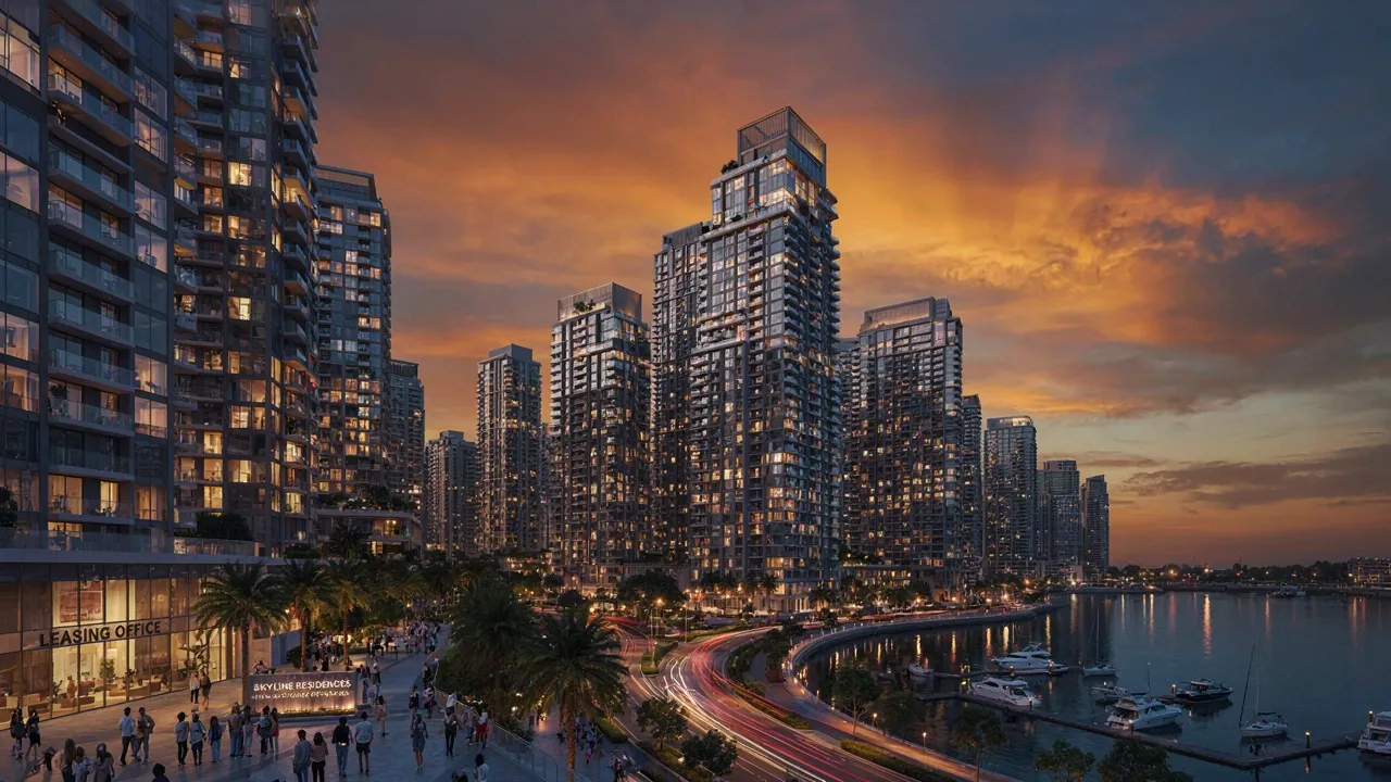 Skyline urbain résidentiel au coucher du soleil