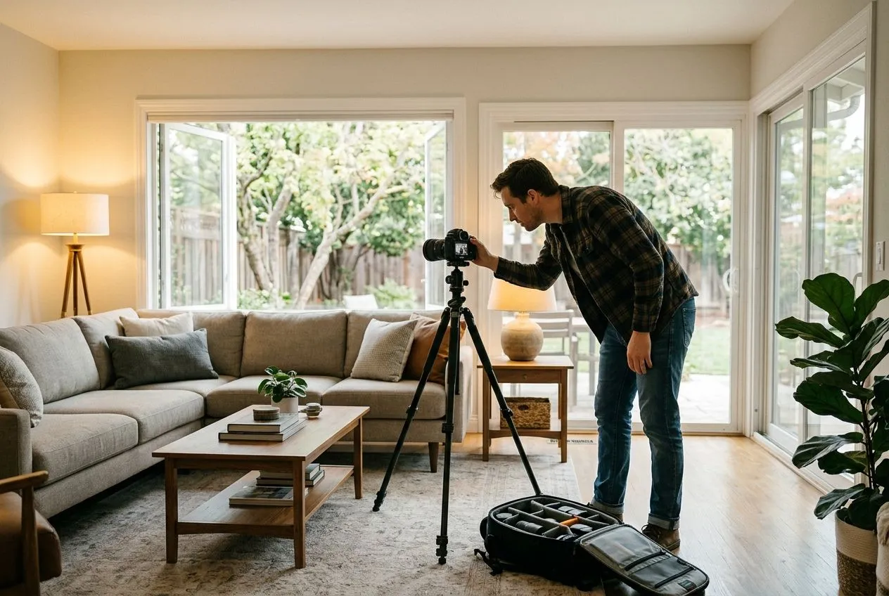 Photographe réglant son appareil dans un séjour baigné de lumière naturelle pour une annonce immobilière.