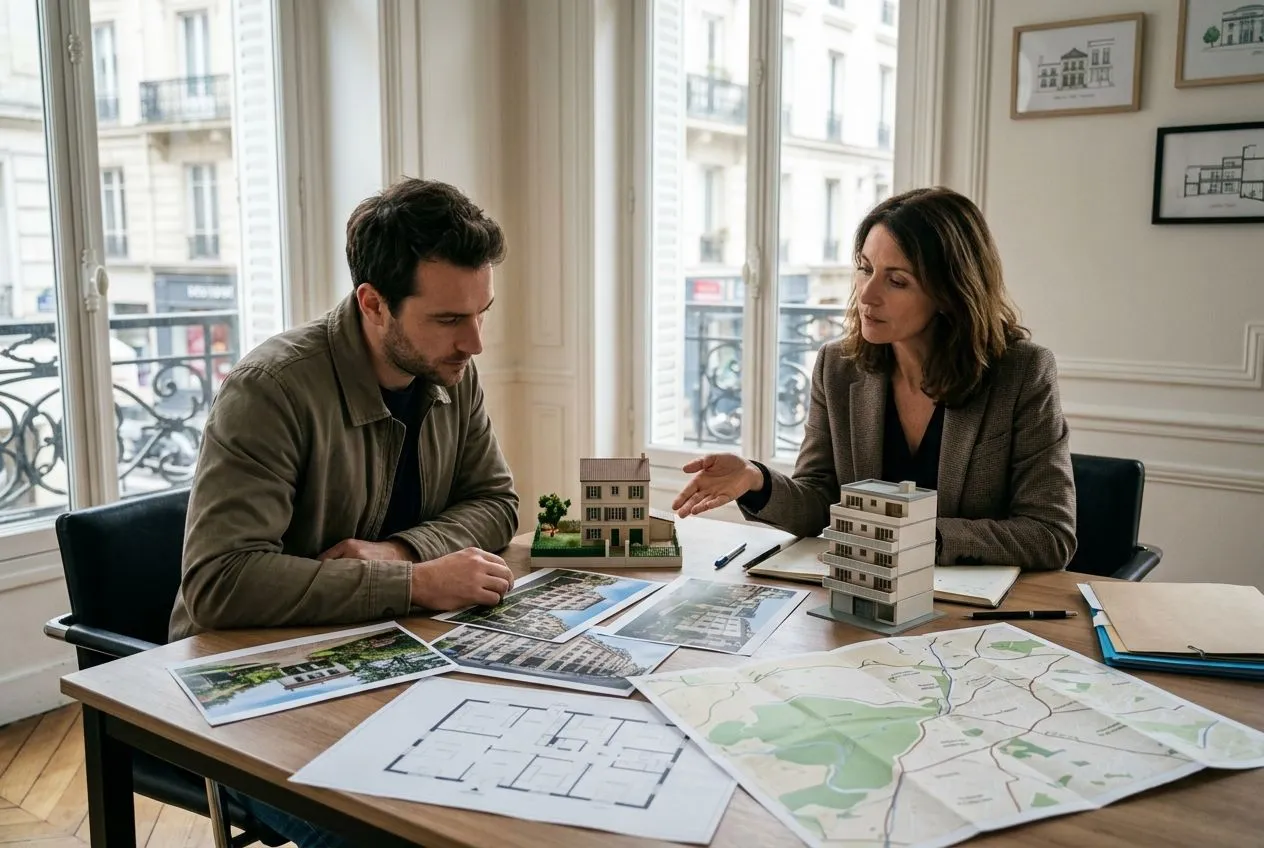 Un acheteur compare une maison et un appartement avec un agent immobilier pour évaluer la marge de négociation.