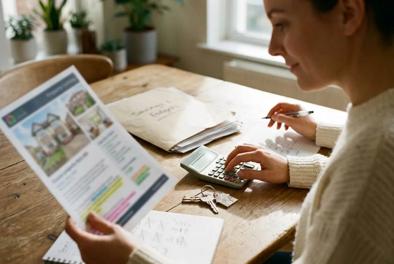 Un acheteur prépare son budget immobilier en rapprochant mensualité, apport personnel et frais d’achat.