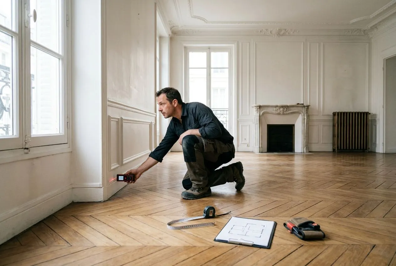 Un professionnel mesure la superficie privative d’un appartement en copropriété pour établir le mesurage Loi Carrez.