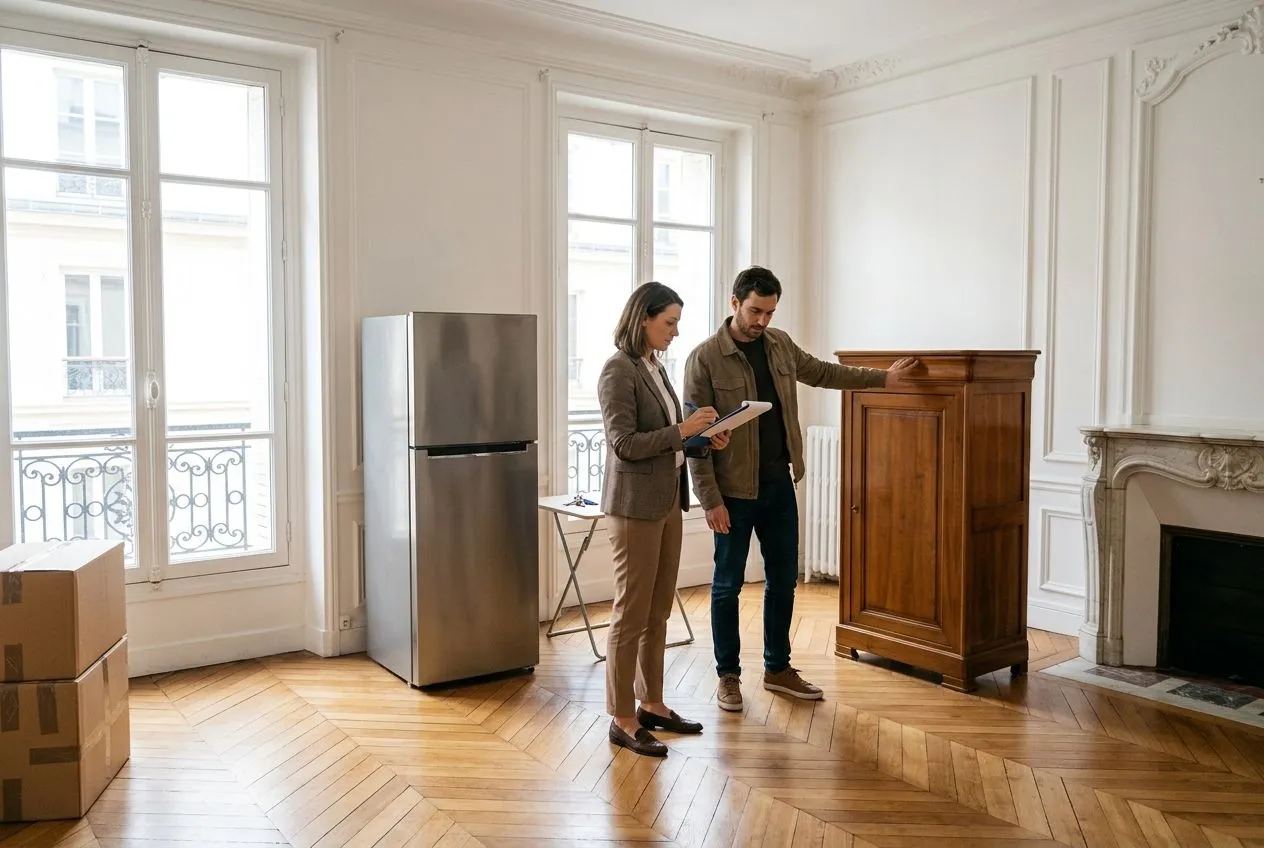 Un acheteur et un professionnel recensent les meubles détachables d’un appartement avant la vente.