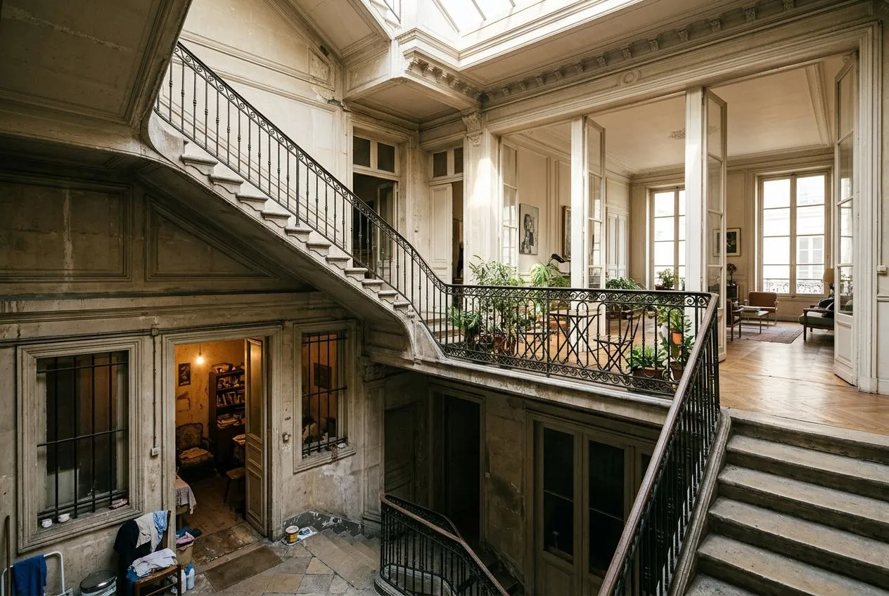 Un appartement sombre au rez-de-chaussée contraste avec un logement lumineux à l’étage dans le même immeuble.