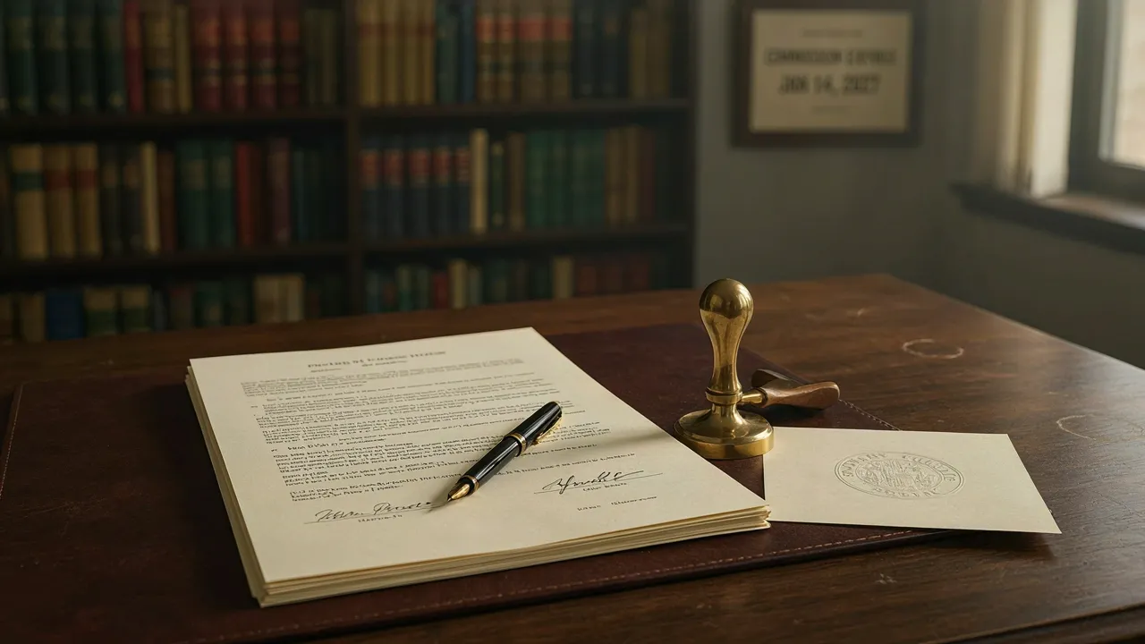 Bureau de notaire avec tampon et documents signés