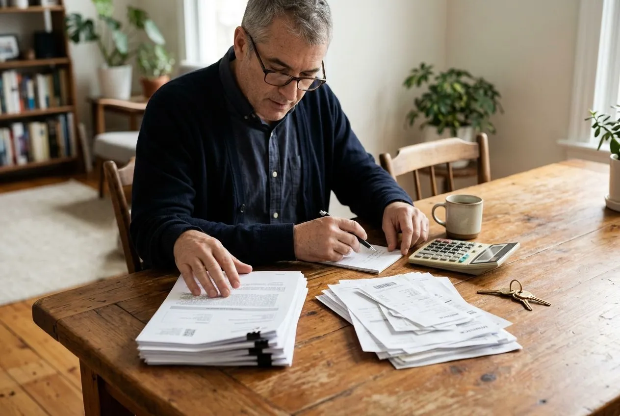 Un propriétaire sépare les documents du prêt immobilier des factures de travaux pour calculer son déficit foncier.